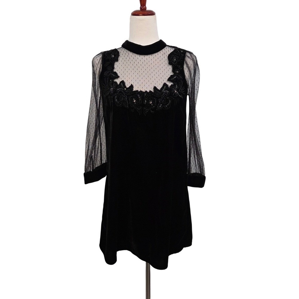 Zara Black Velvet Mesh Embroidered Sequin Mini Dress S Mock Neck Romantic Goth